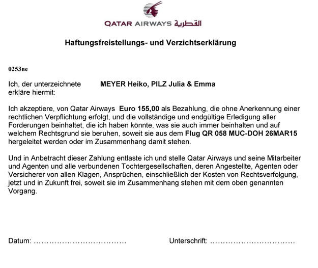 Haftungsfreistellungs- und Verzichtserklärung, Qatar Airways, Flugannullierung, Flugausfall, Flugverspätung, Flugstreichung, Flug gestrichen, verspätet, Entschädigung, Ausgleichszahlung, Fluggastrechte, Passagierrechte, www.wo-der-pfeffer-waechst.de